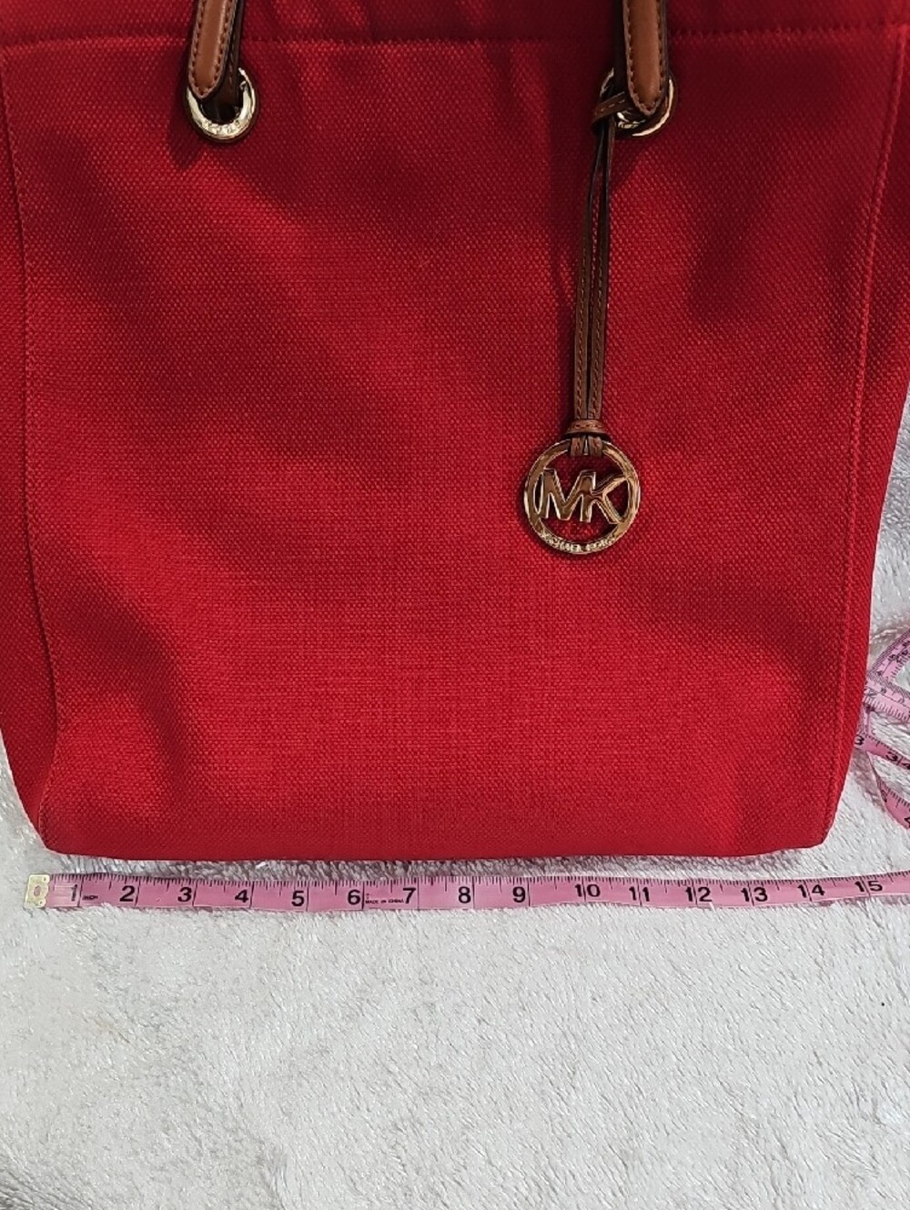 Michael Kors Red Canvas Tote with Brown Leather Handles and Gold MK Charm - Picture 12 of 17